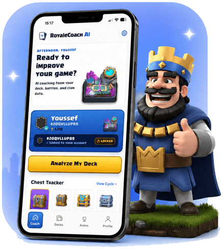 RoyaleCoach AI coaching app home screen with deck analysis tools
